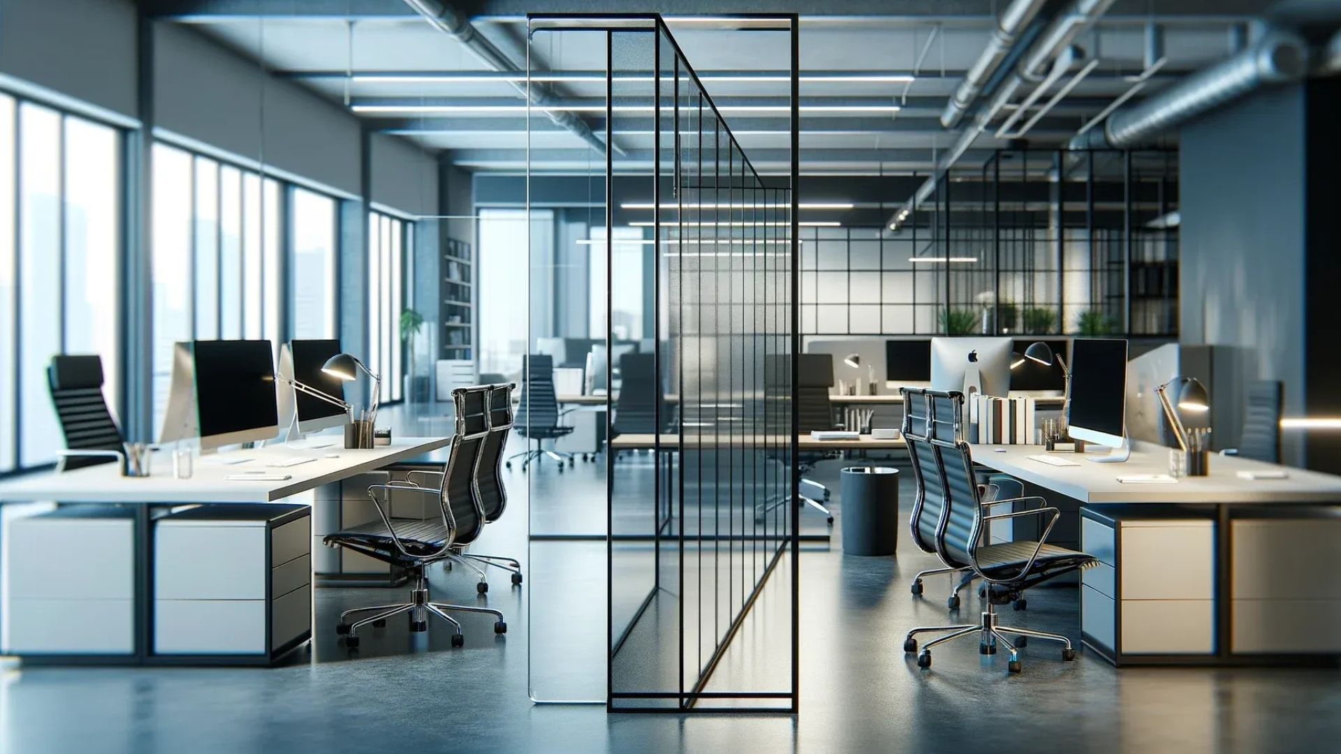 Modern office with rows of desks, glass dividers, and large windows. Black and white color scheme.