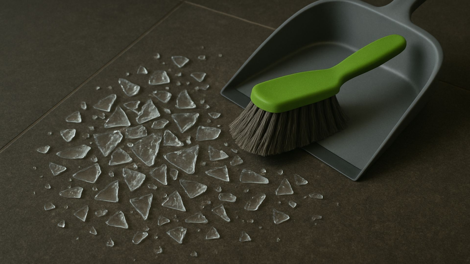 Broken glass on brown tiled floor, with a green-handled brush and gray dustpan.