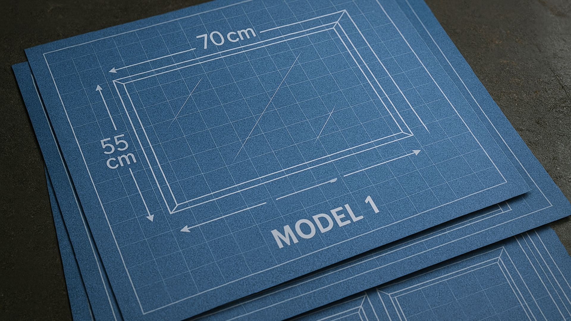 Blue printed model with measurements: 70cm x 55cm, labeled 