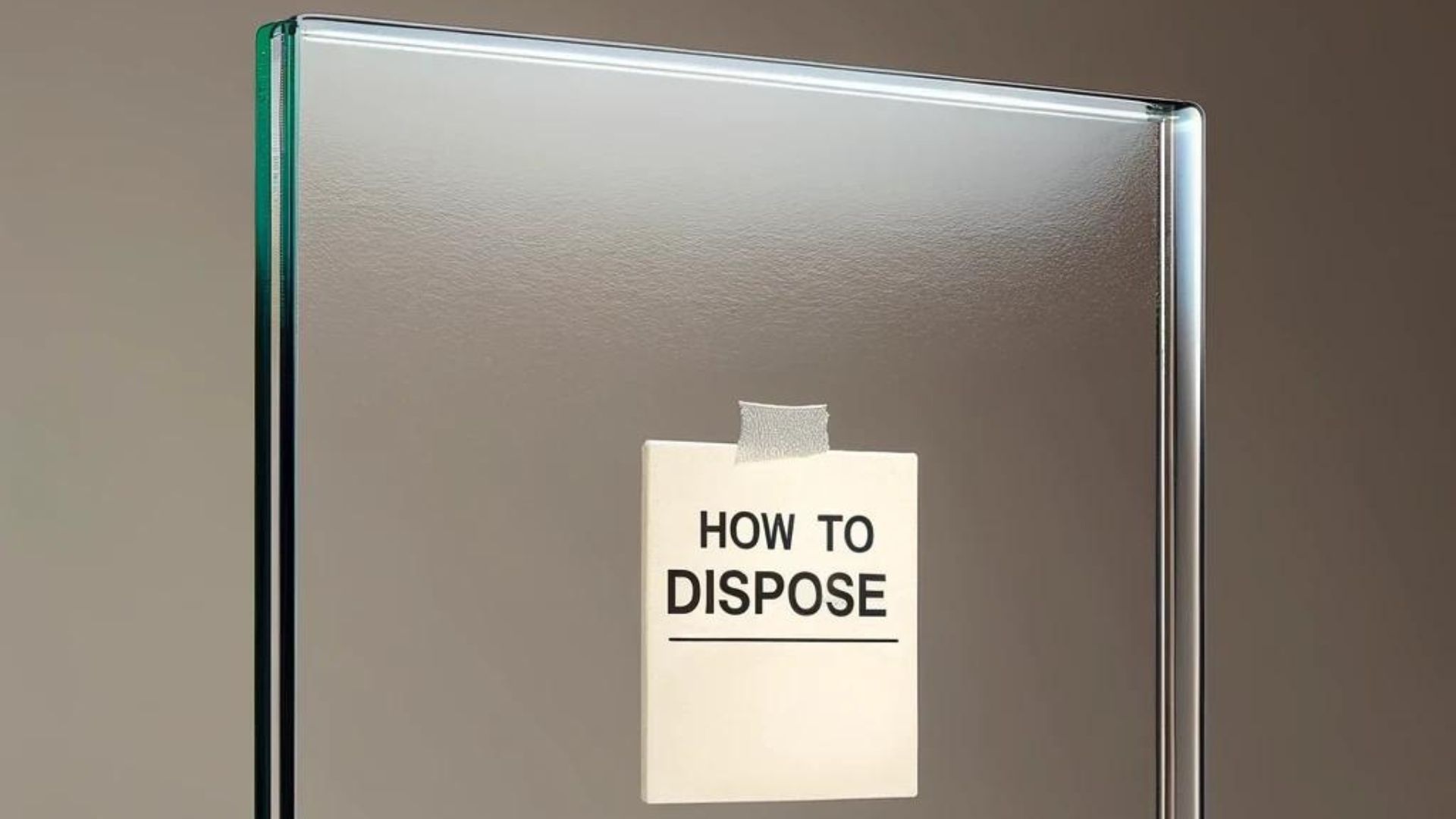 Glass display with a note reading 