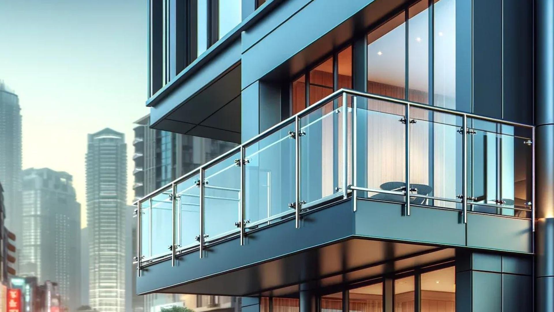 Modern building with glass balcony overlooking a city street.
