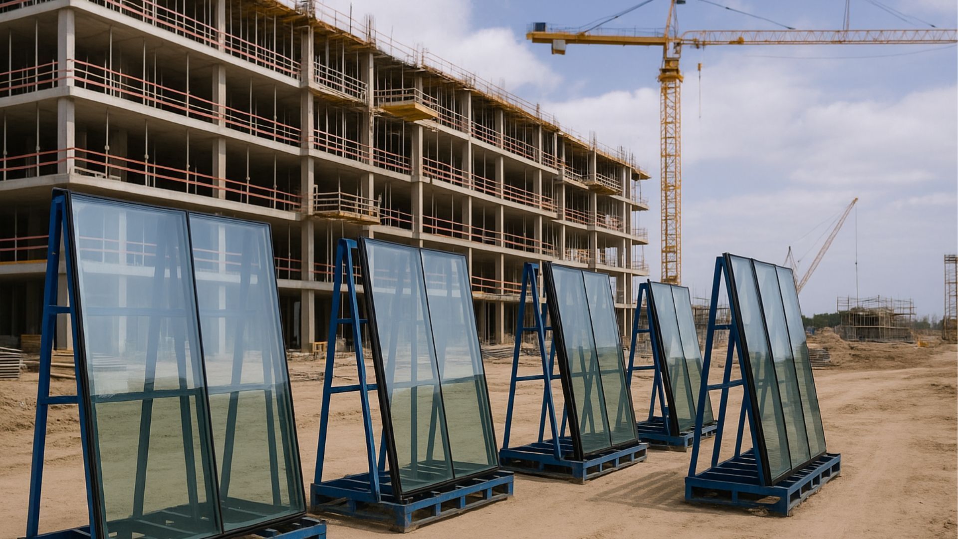 Glass panels on A-frames at a construction site, with a building frame and crane in the background.