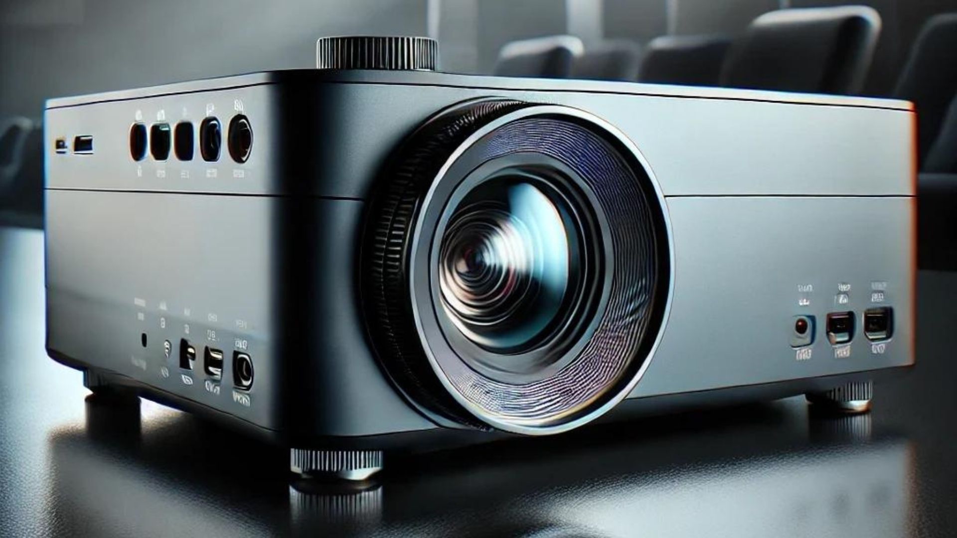 Black projector with large lens, buttons and ports, on a dark surface, blurred background.