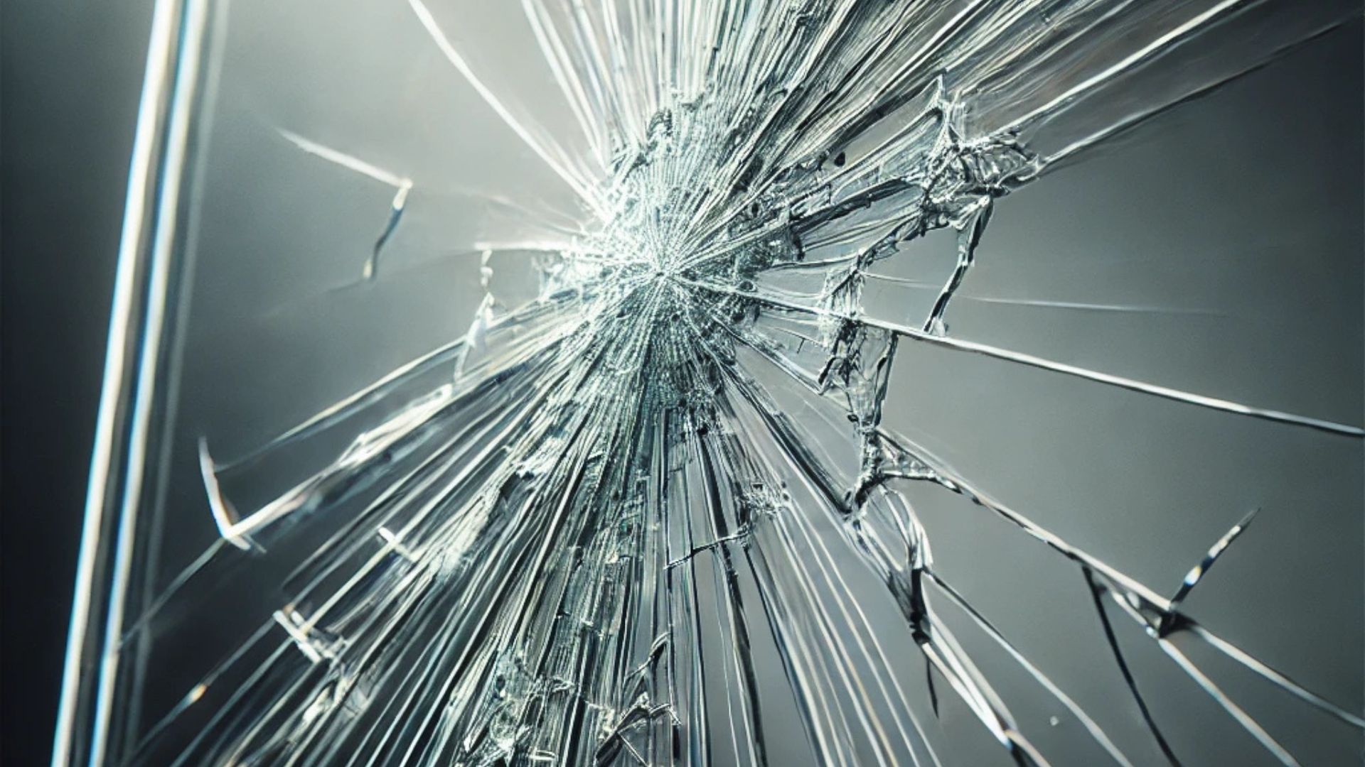 Shattered glass pane with radiating cracks against a blurred gray background.