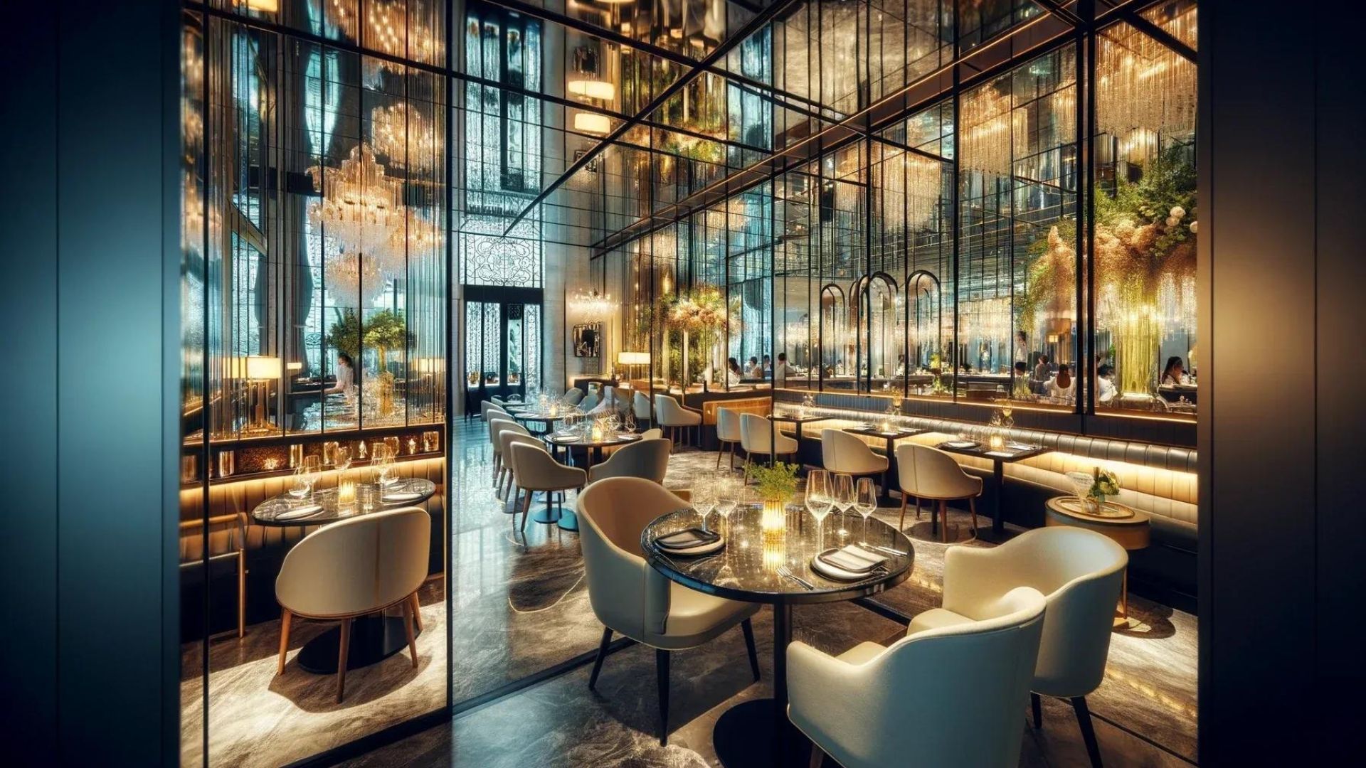 Luxurious dining room with mirrored walls, chandeliers, and tables set for guests.