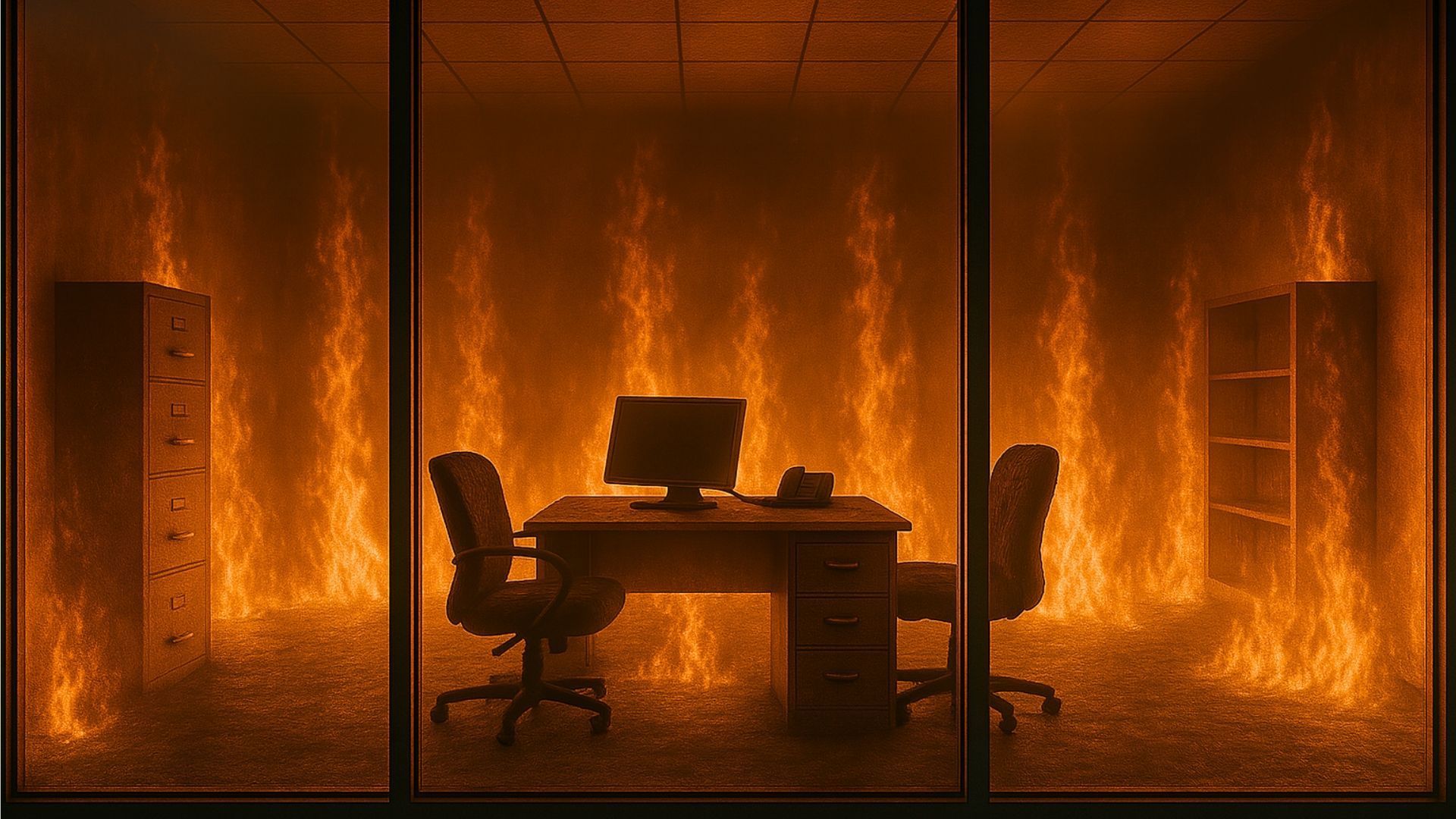 Office interior engulfed in flames, seen through a glass window. Desk, chairs, filing cabinets. Orange and black.