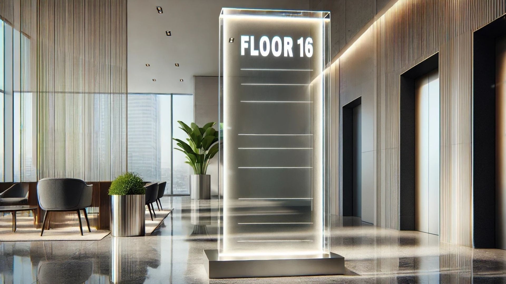 Modern office lobby with a backlit floor directory. 