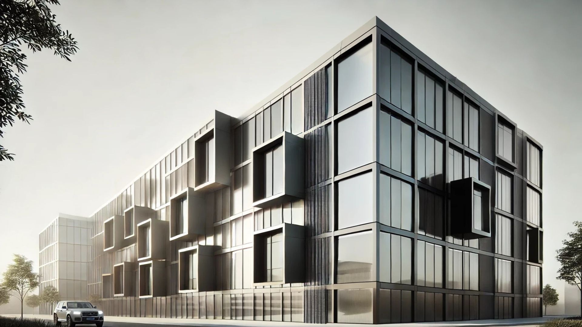Modern building with glass windows and square protrusions, gray exterior, car in front.
