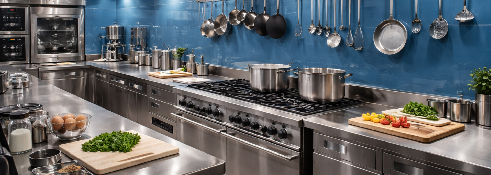 Picture of a professional kitchen with coloured glass splash-backs. Picture of a professional kitchen with coloured glass splash-backs.
