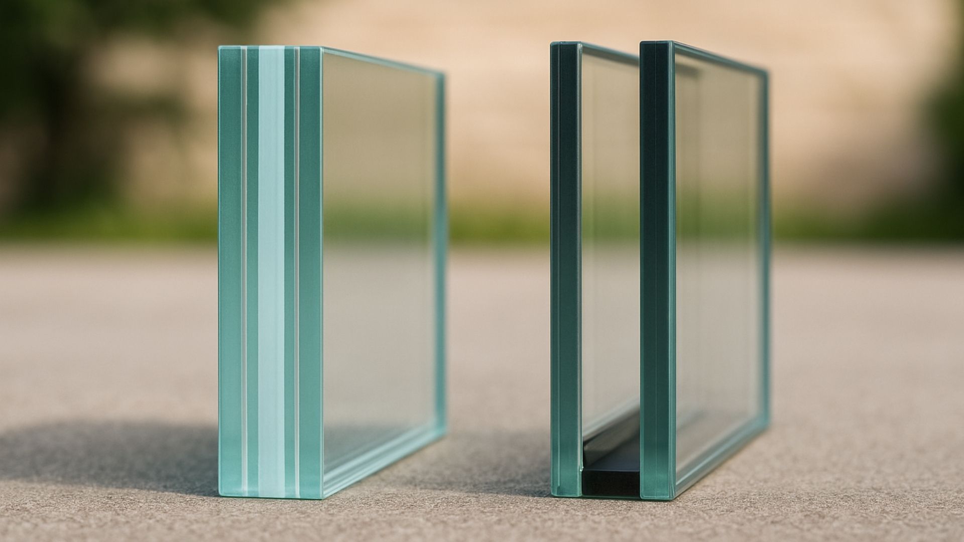 Two glass panels, one sealed double-pane unit, and one with a gap, on a neutral surface.