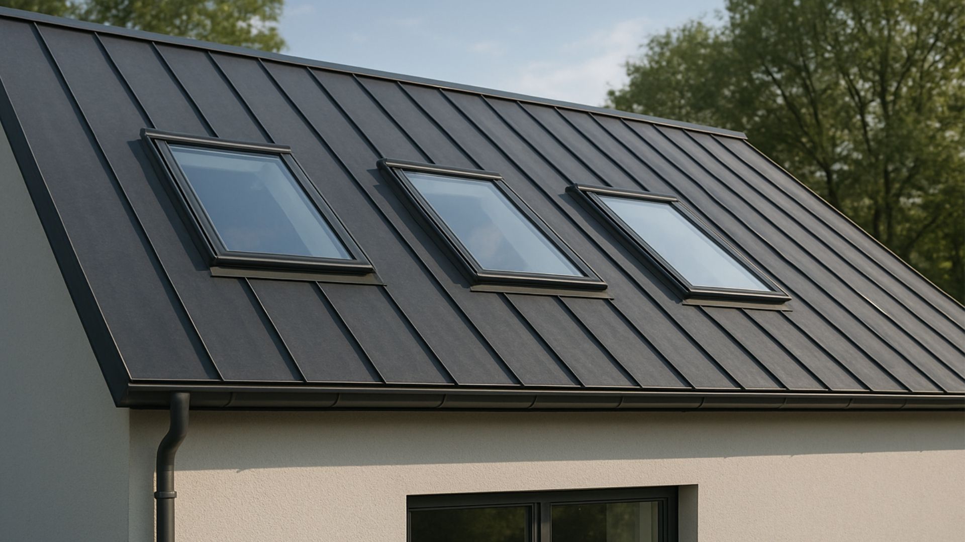 Dark gray metal roof with three skylights, attached to a white building.
