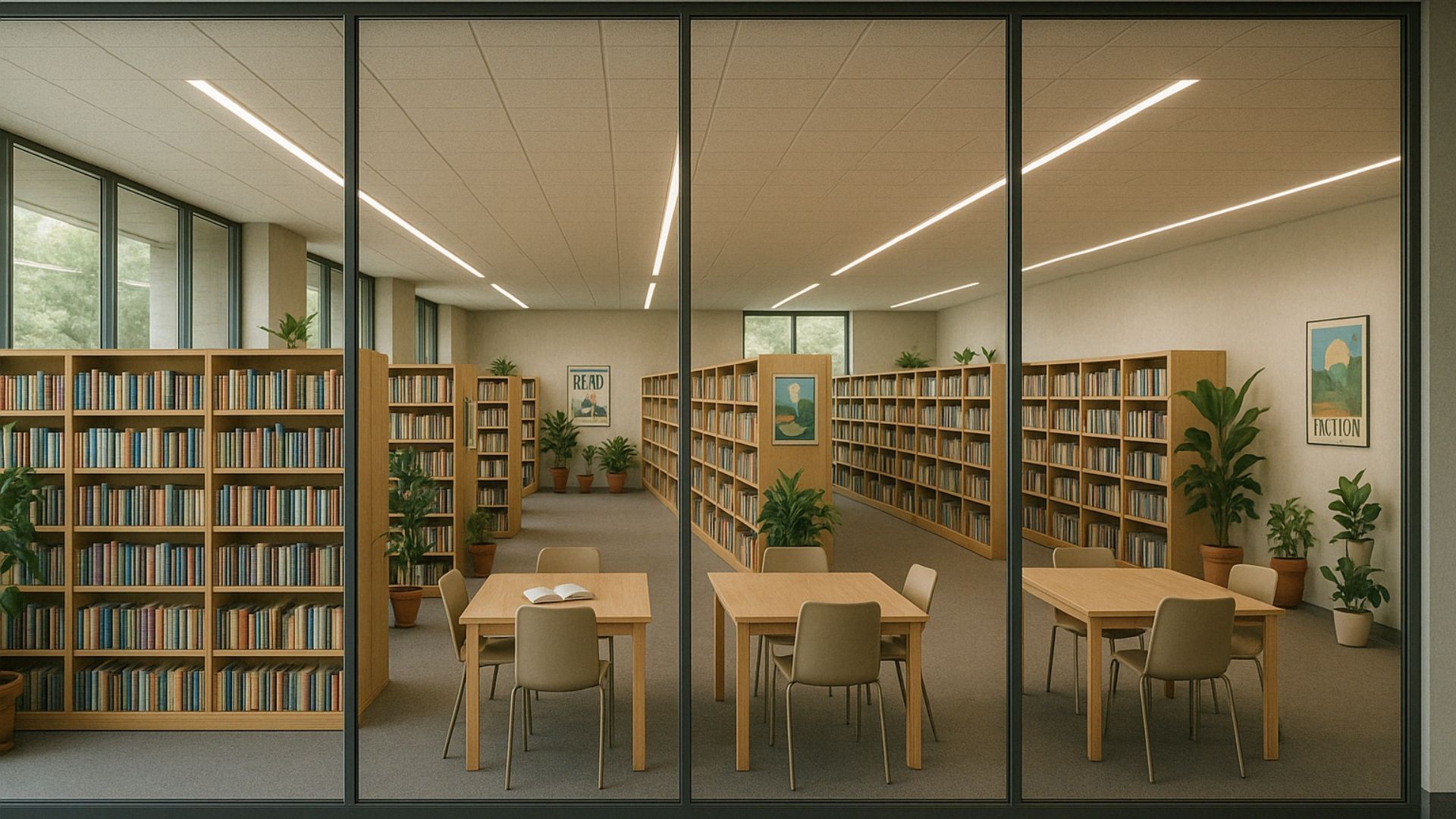 Library interior with bookshelves, tables, and plants visible through glass panels.