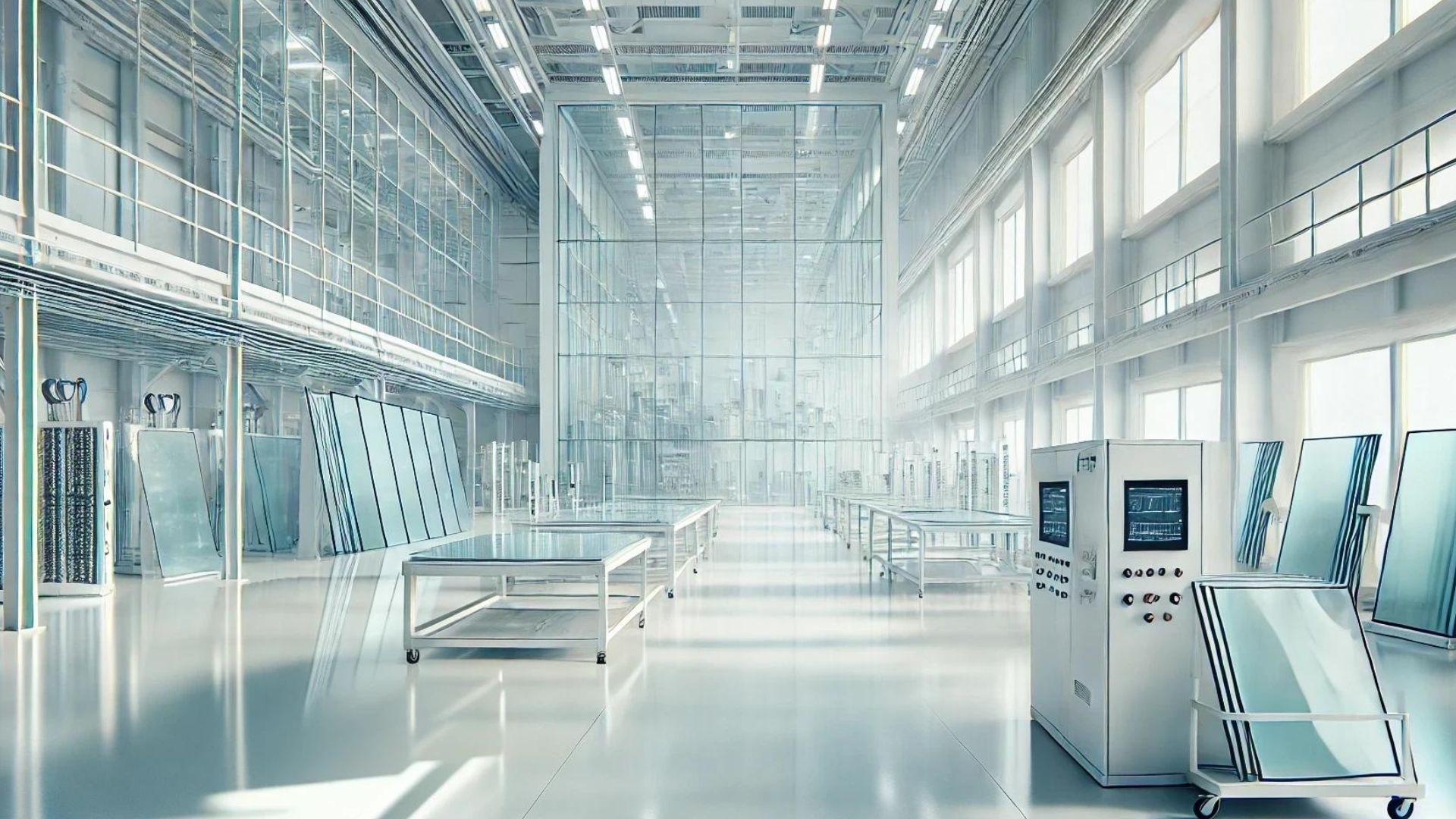 Bright, white, sterile laboratory. Glass walls and tables, machinery.