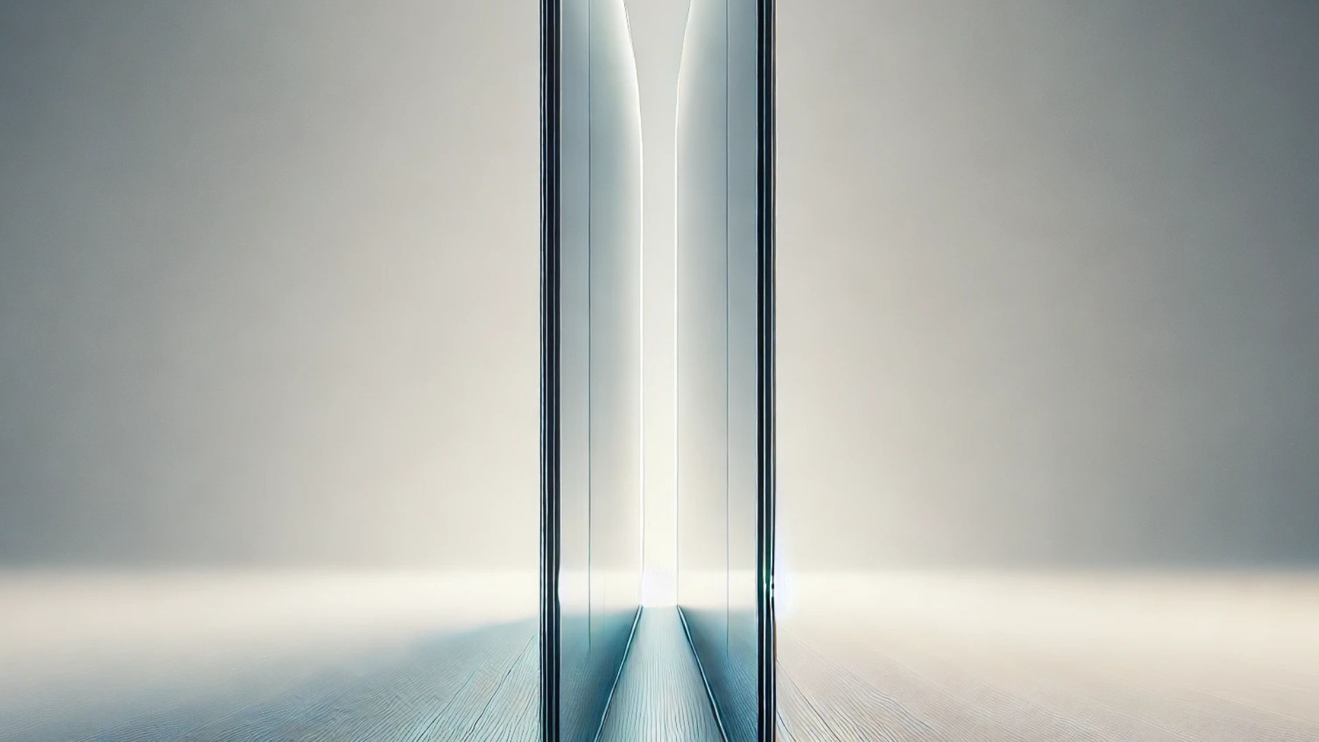 A narrow, bright hallway with light at the end, framed by glass walls and a textured floor.