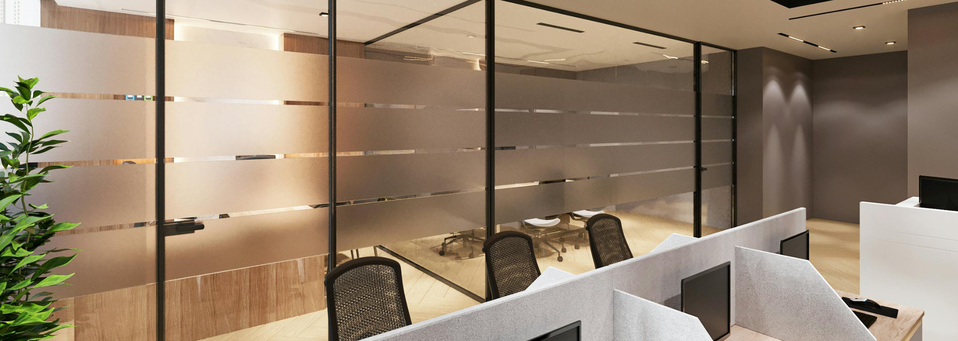 Picture of a glass wall partition in a office. 