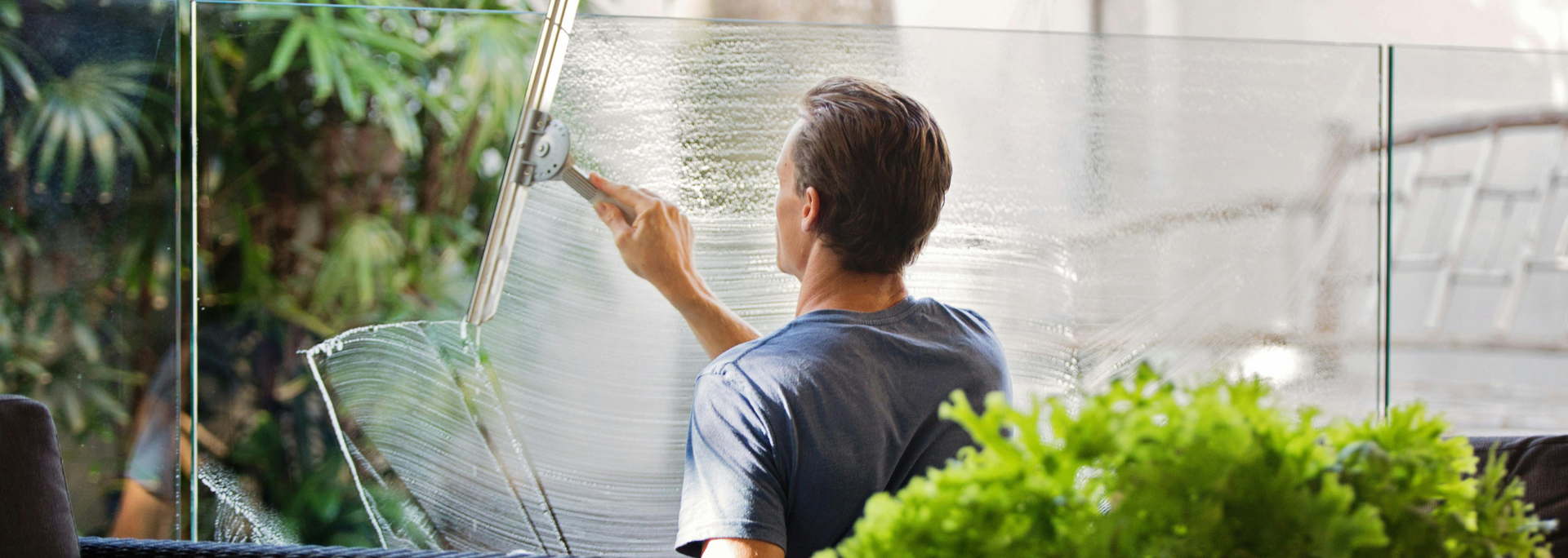 Person cleaning a glass window with a squeegee. Lush green plants are visible outside.