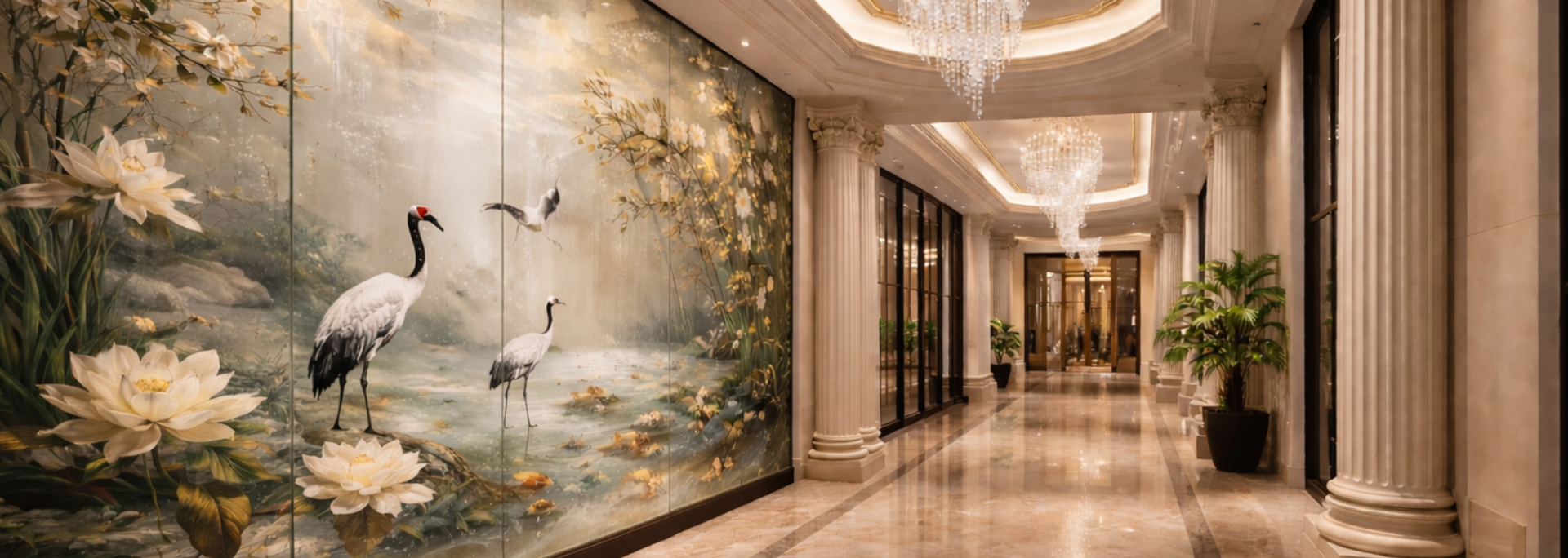 Long hallway with a mural of cranes and lotus flowers, marble floor and ceiling lights.