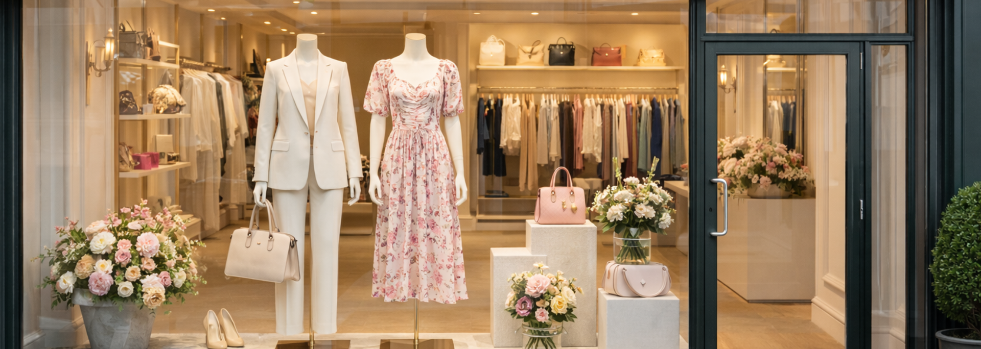 A clothing store window display features mannequins in light-colored suits and a pink floral dress, surrounded by flowers.
