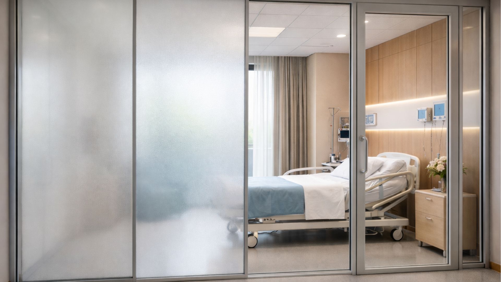Hospital room with frosted glass sliding door, bed, and medical equipment.