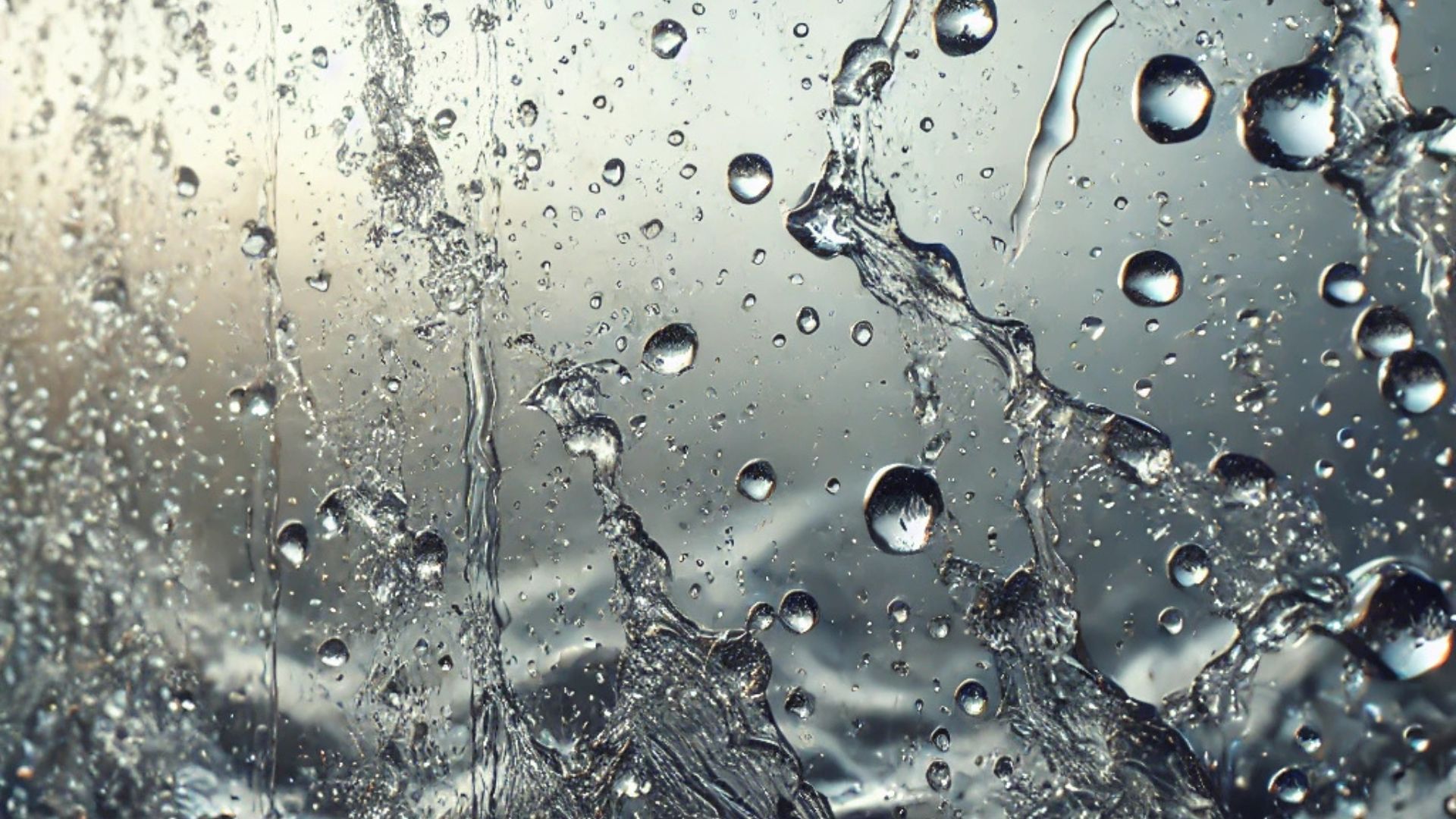 Water droplets and splashes against a bright, reflective surface.