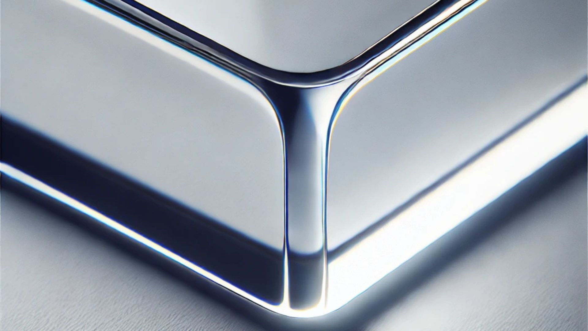Close-up of a shiny, metallic corner, with curved edges and light reflections.