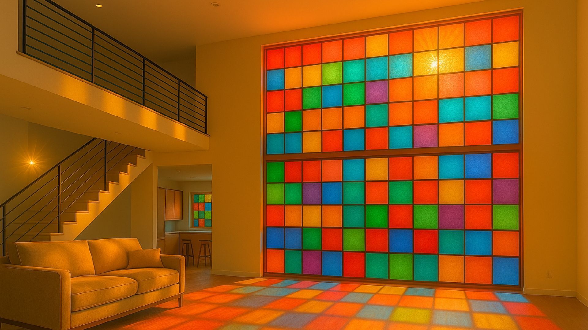 Room with colorful illuminated wall, matching tiled floor, beige couch, and staircase.