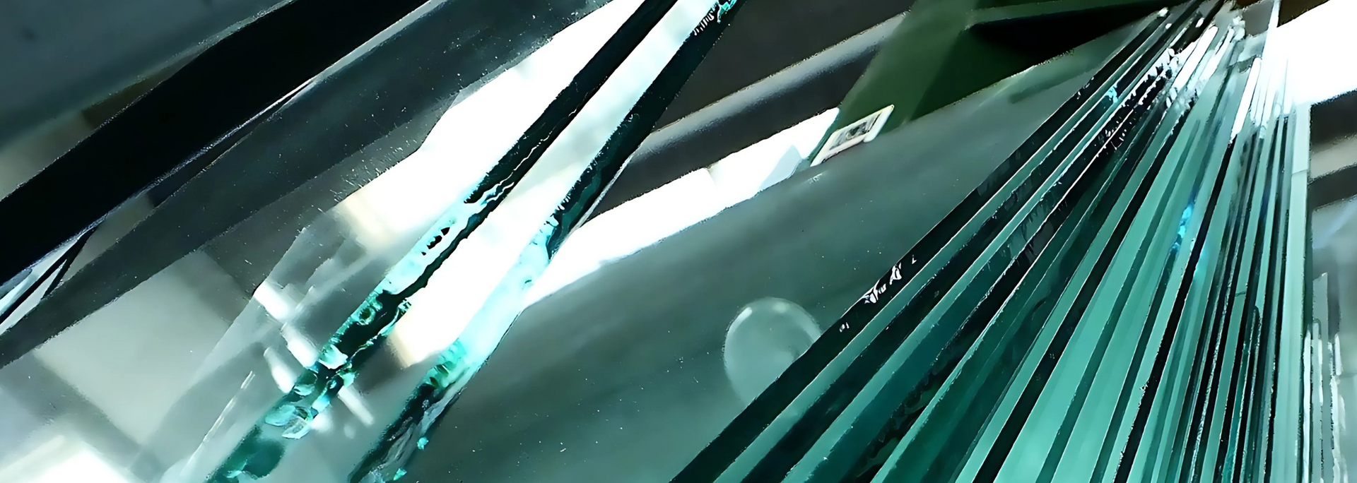 Stack of clear glass sheets, with light reflecting off the edges and surfaces.