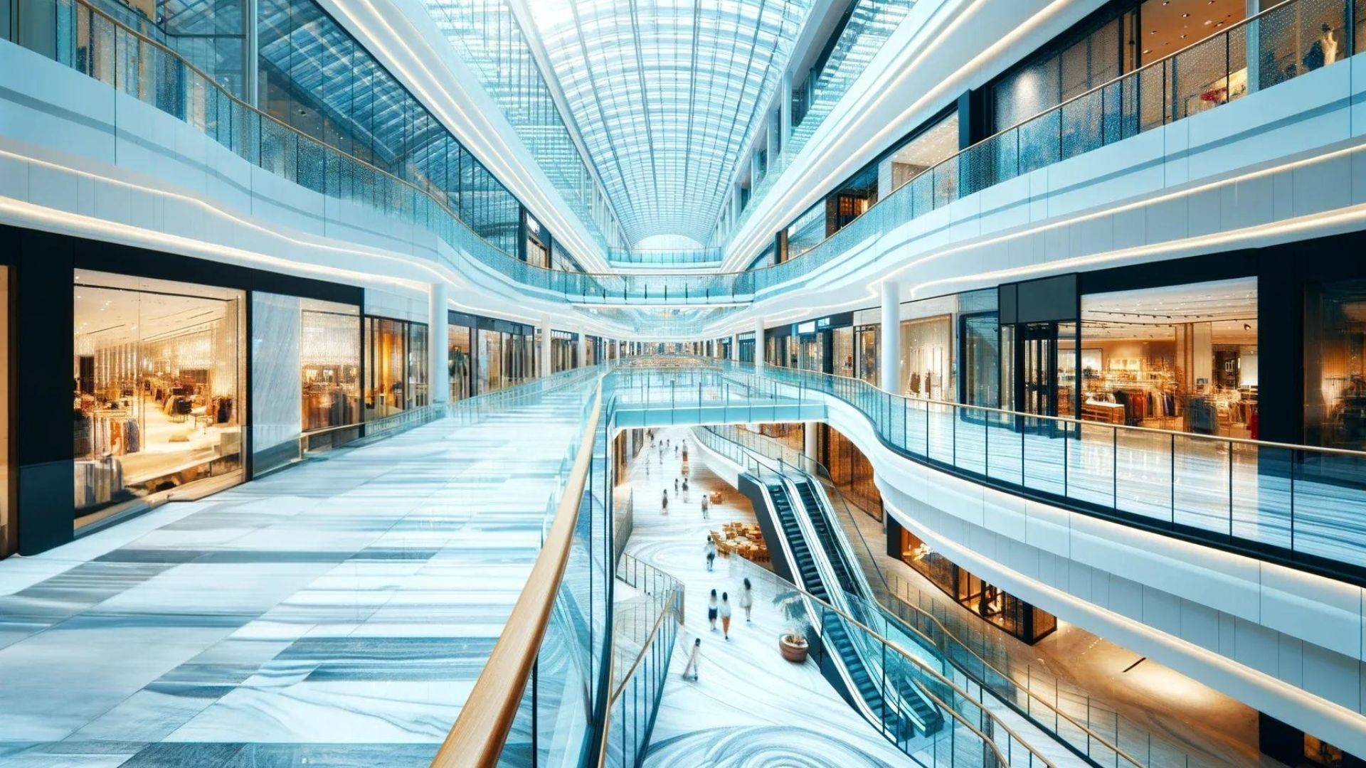 Interior view of a modern shopping mall with multiple levels, glass railings, and escalators.