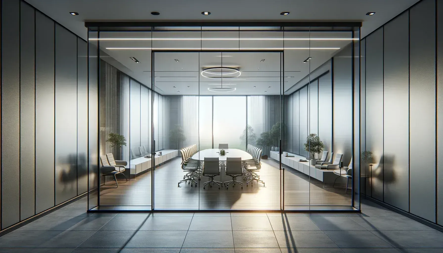 Modern office conference room with glass walls, large table, and chairs. Bright natural light.