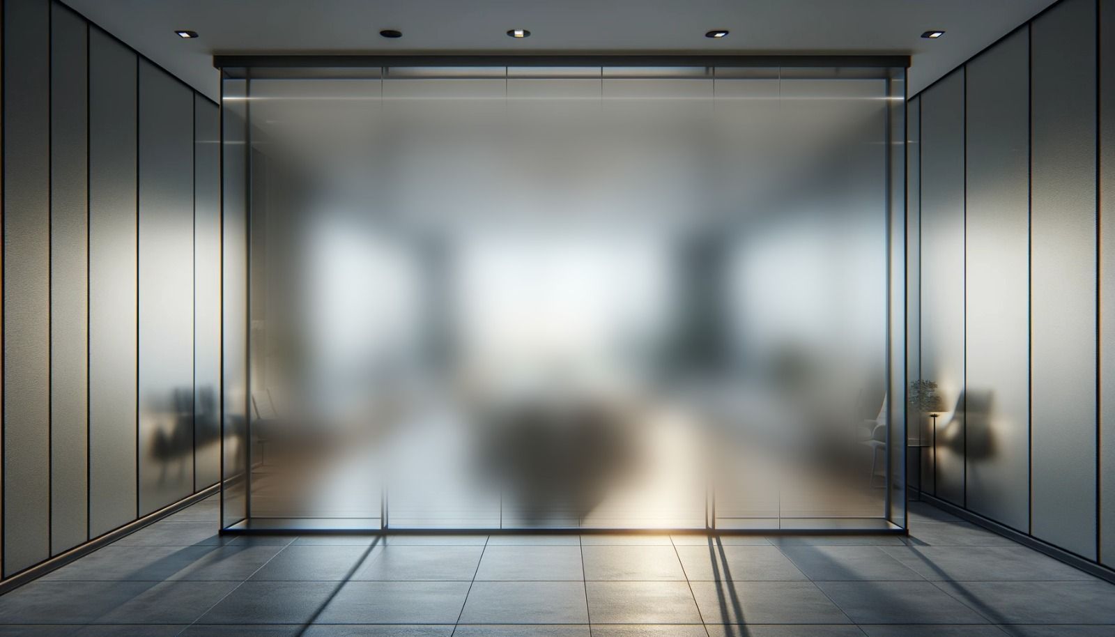 Modern office hallway with frosted glass partition; blurred view of a meeting space inside.