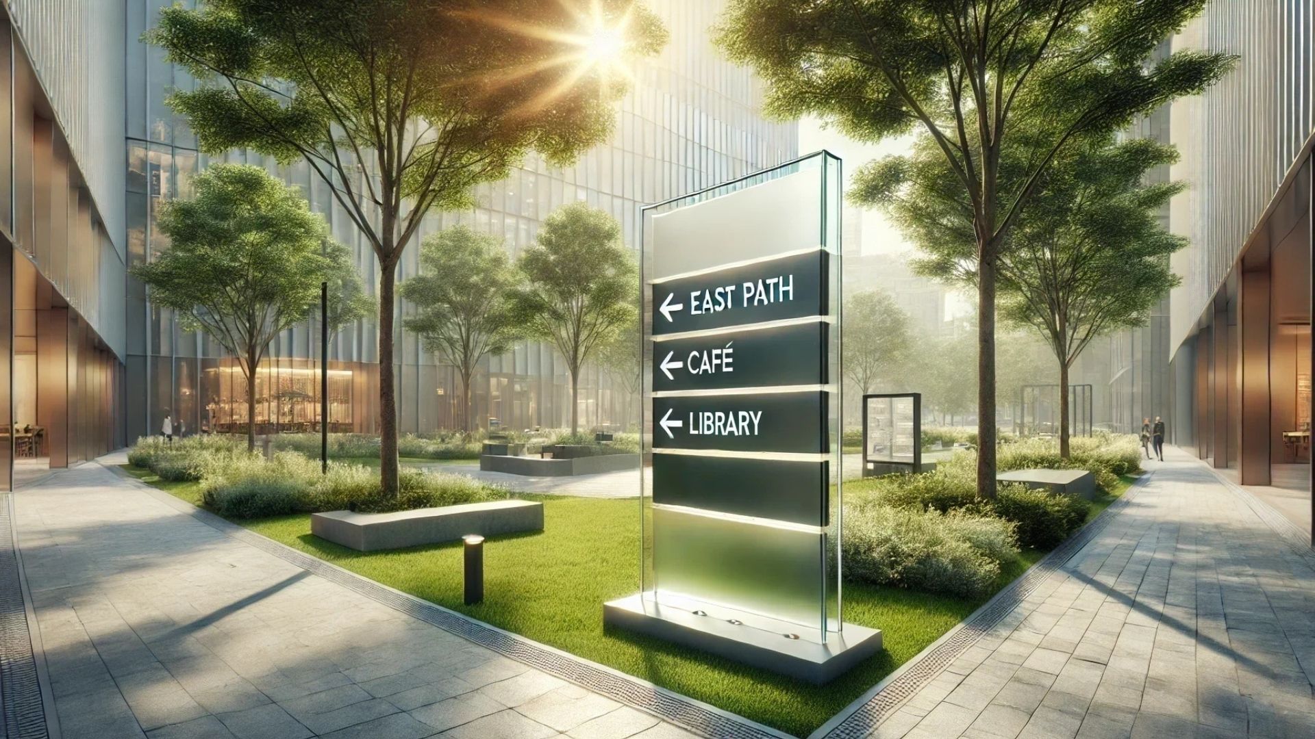 Signpost with directional arrows (East Path, Cafe, Library) in a modern outdoor courtyard with trees and sunlight.