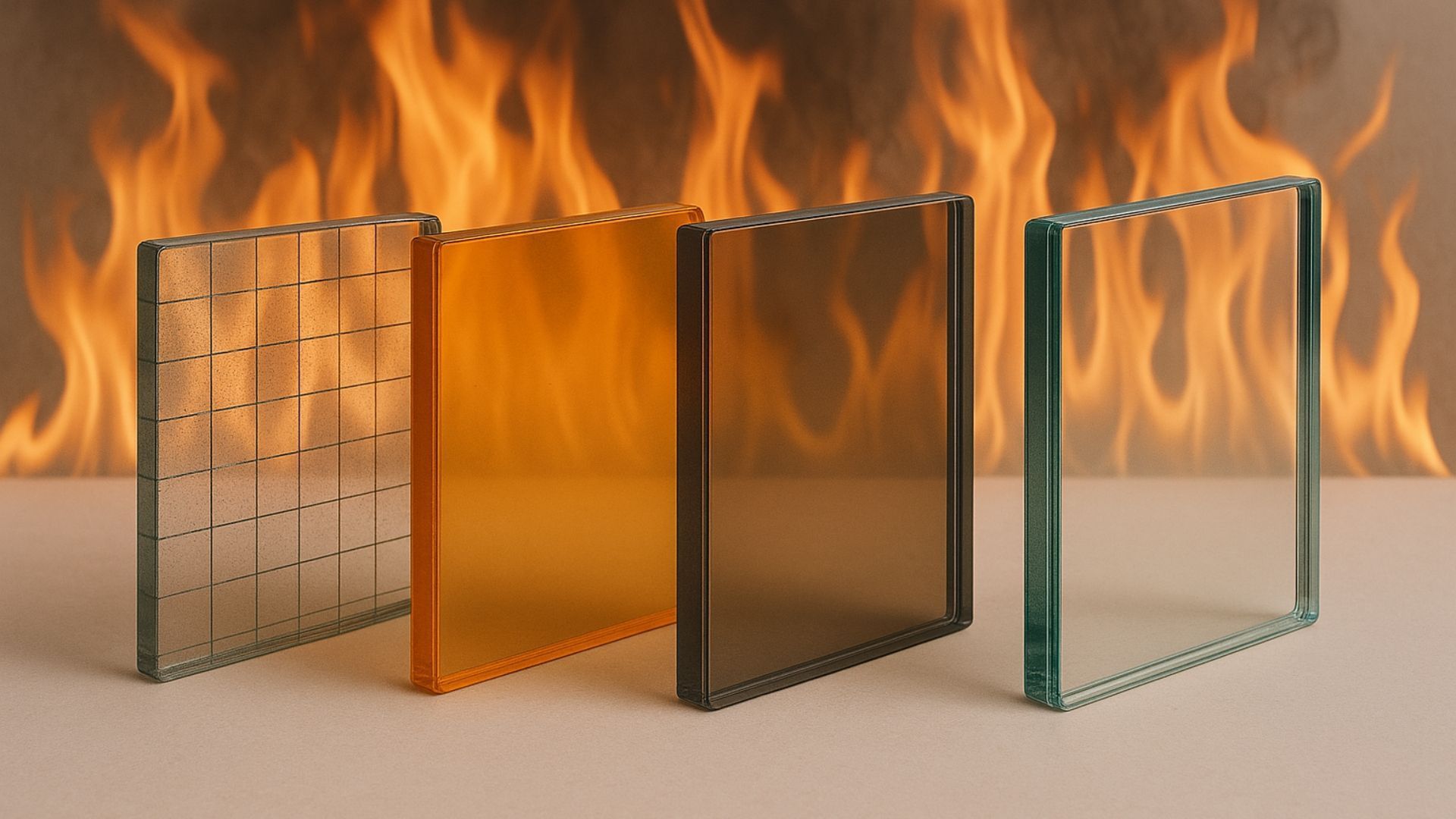 Four glass panels in front of flames, varying in color and design, demonstrating fire resistance.