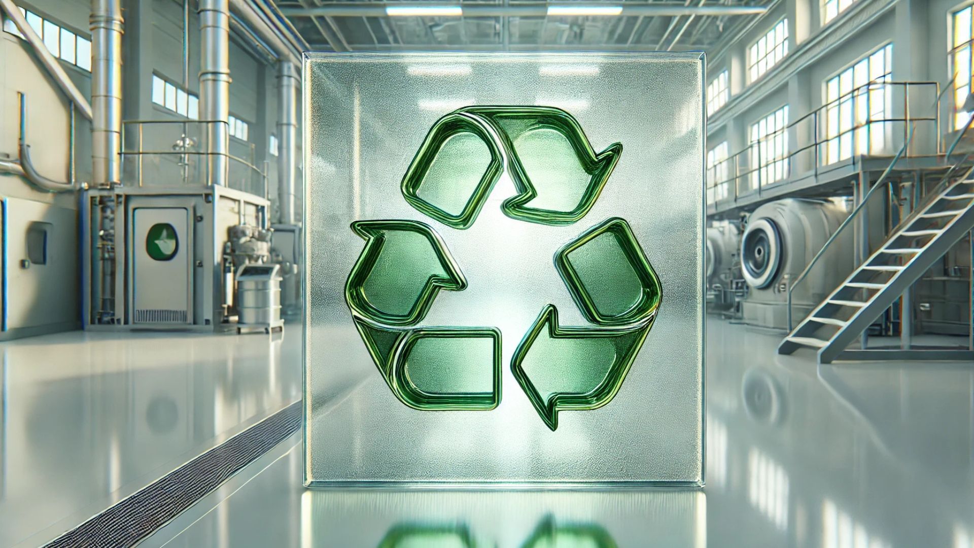 Recycling symbol encased in a glass cube, set in a futuristic industrial facility.