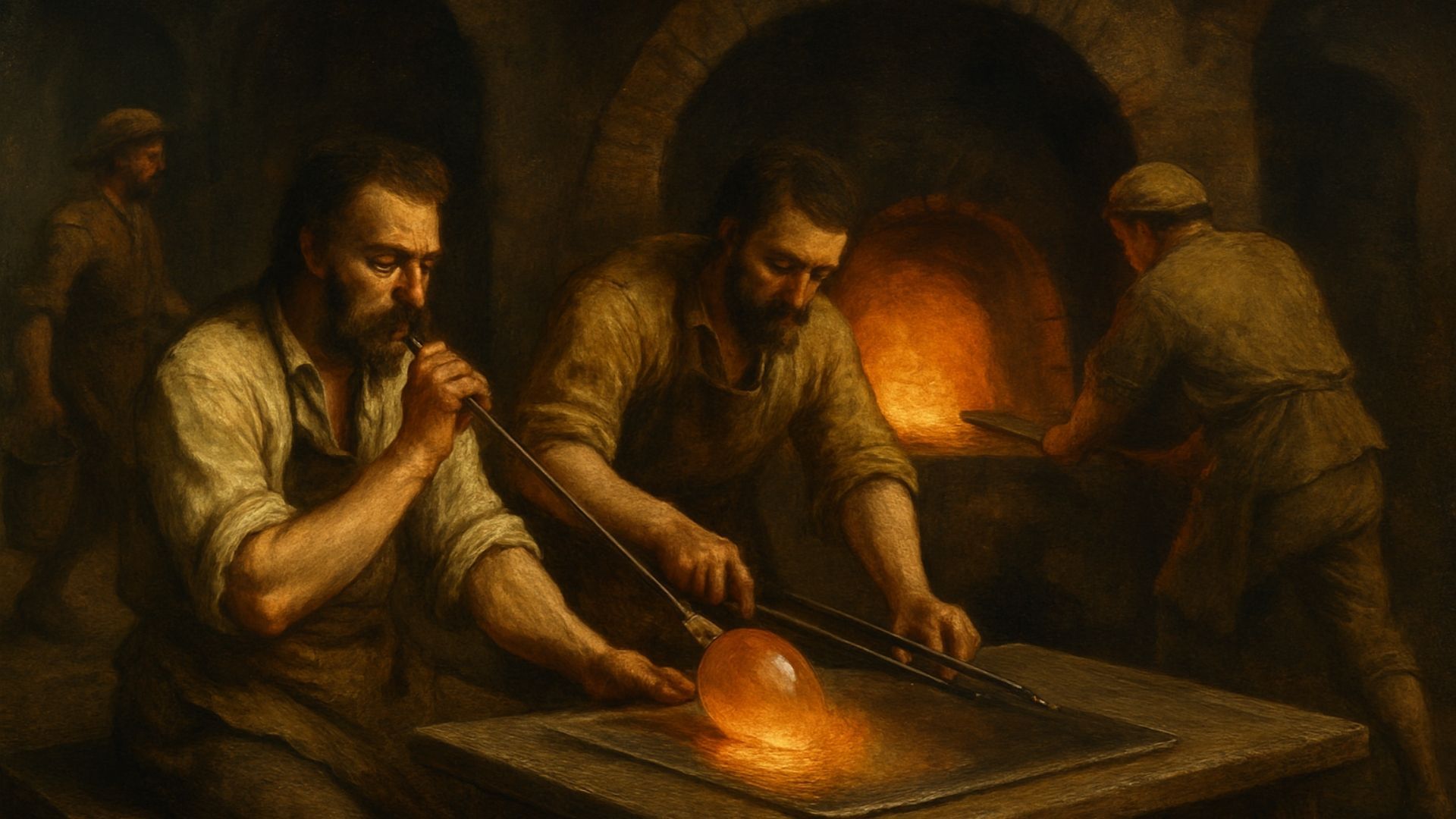 Glassblowers in a workshop, working with molten glass near a furnace.