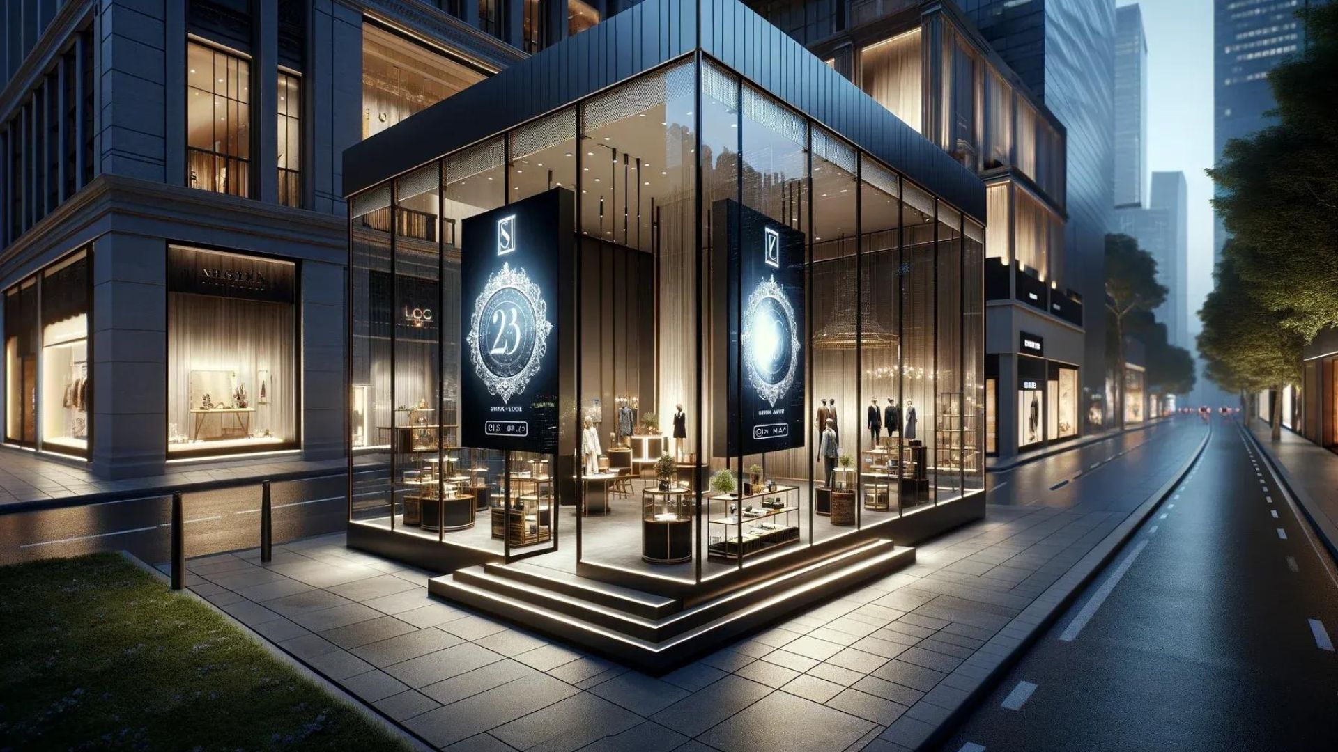Exterior of a luxury jewelry store at night with bright display windows and lit sidewalk.