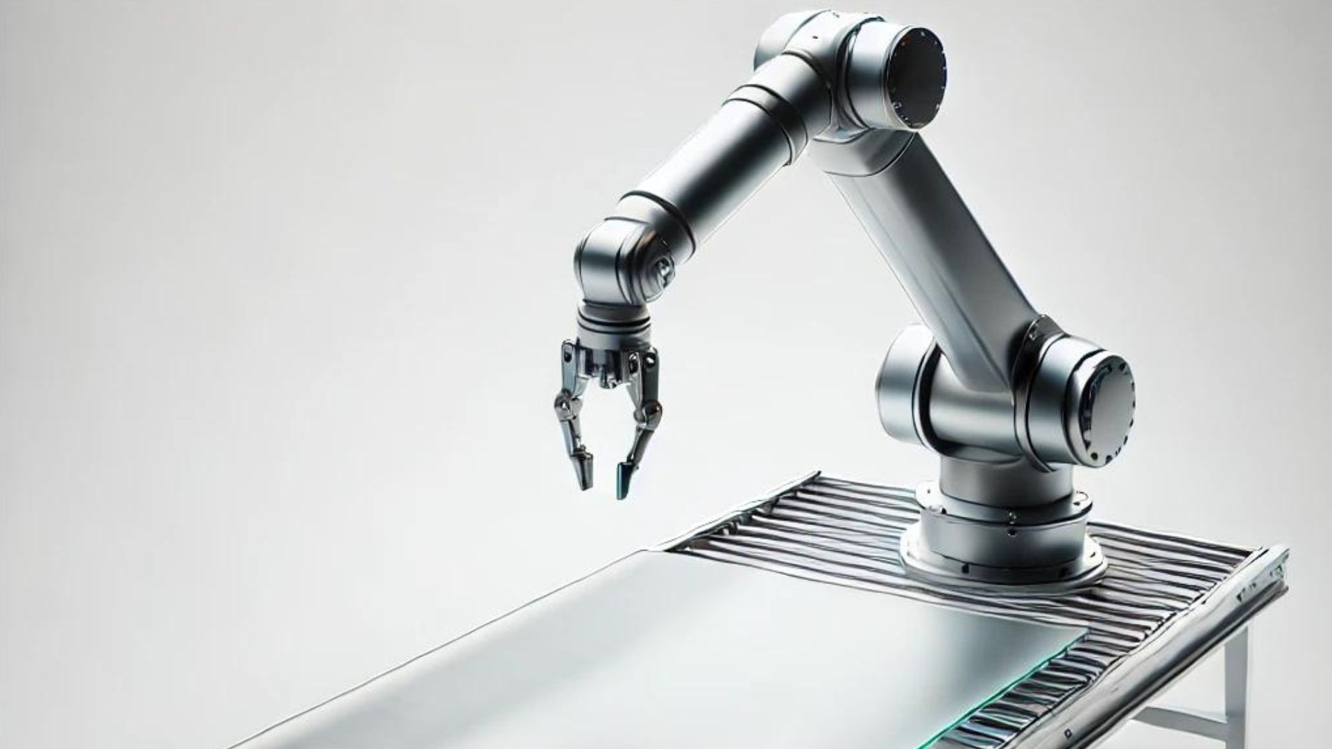 Robotic arm over an industrial conveyor belt; silver metallic construction.