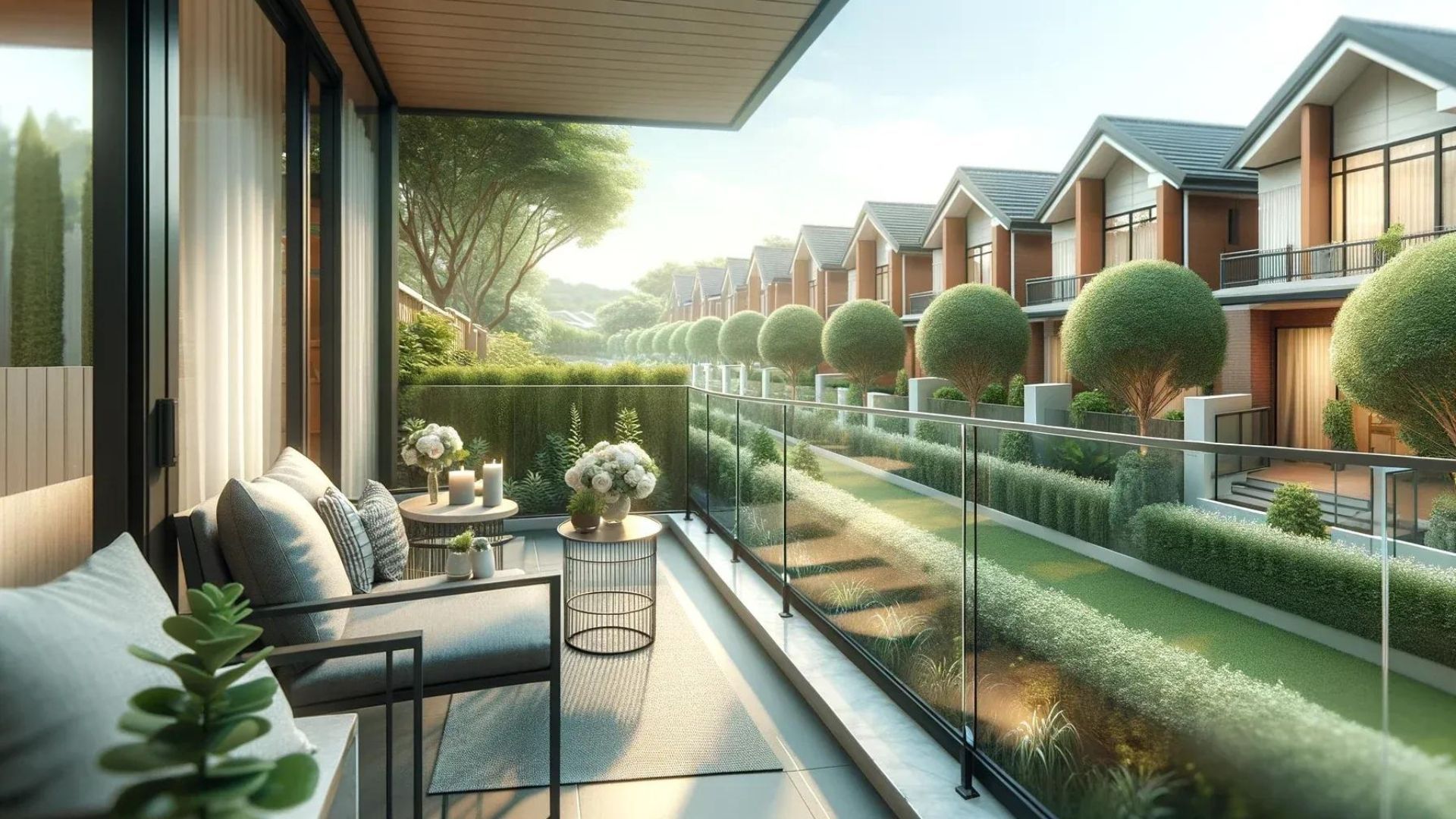 Balcony view overlooking a row of homes with manicured hedges and trees.
