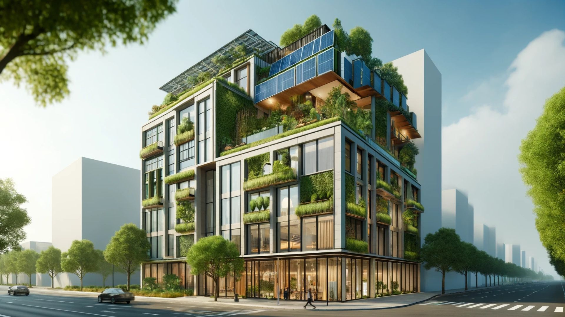 Modern building with green walls and roof, solar panels, and large windows on a sunny day.