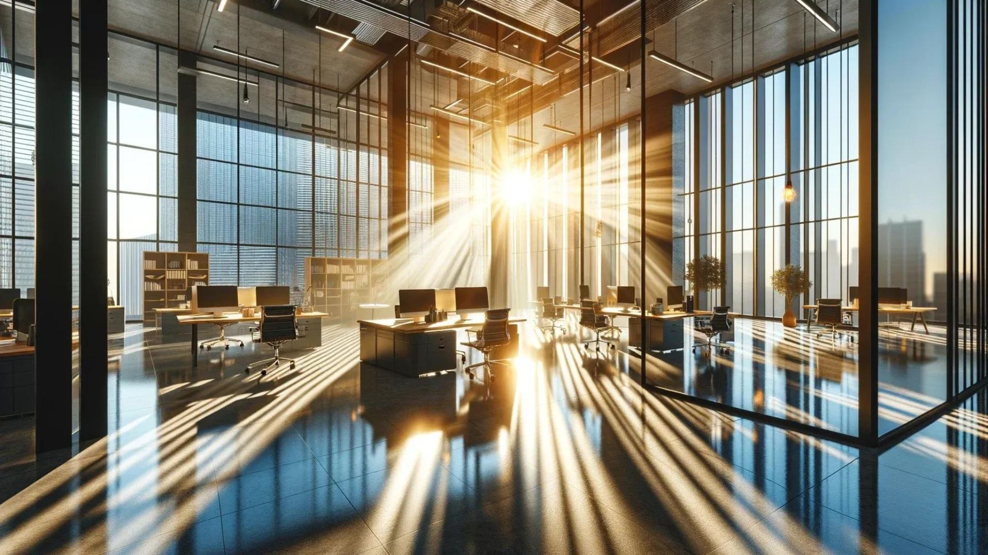 Sunlight streams into a modern office with desks and city views.
