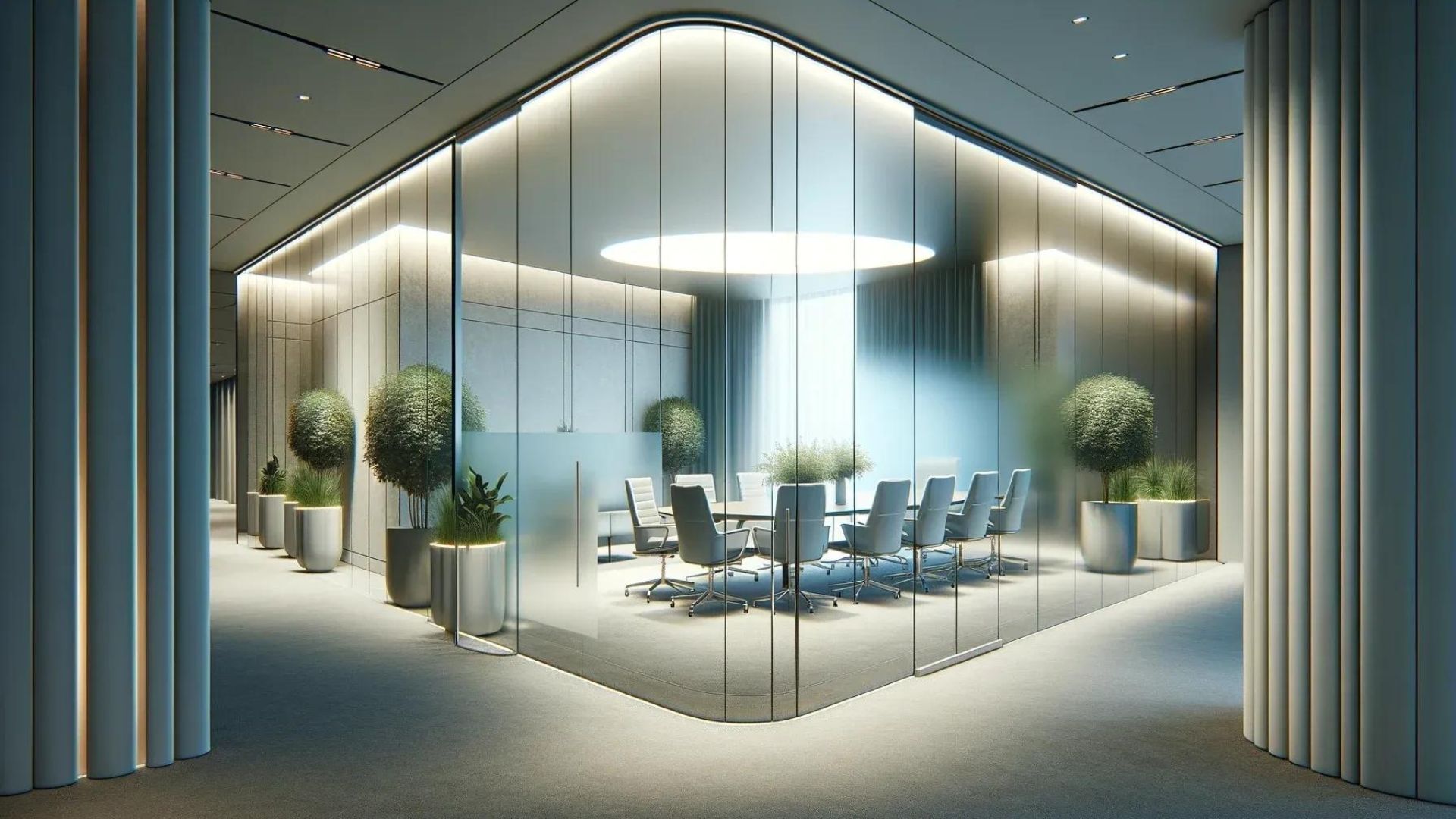 Modern office boardroom with glass walls, round table, and chairs, and potted plants.