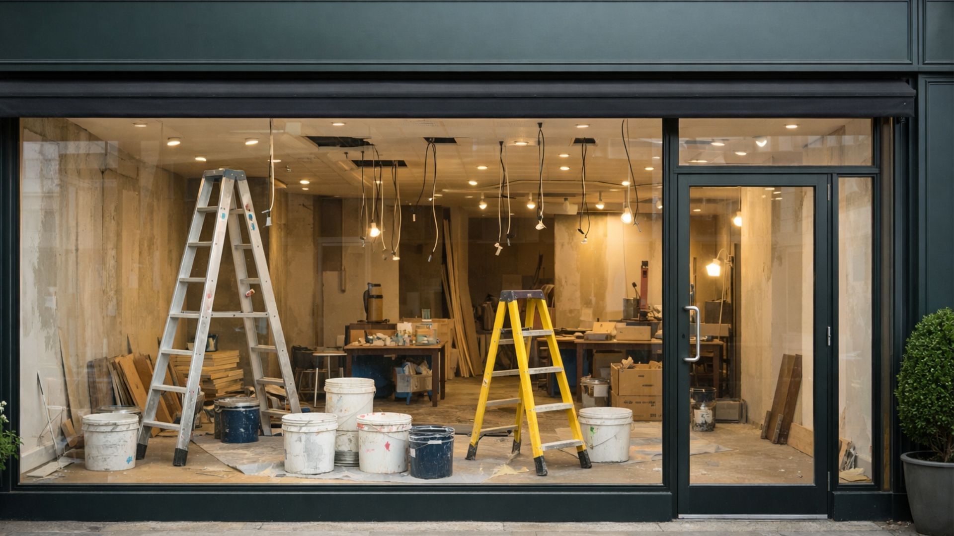 Storefront interior under construction with ladders, paint buckets, and exposed wiring.