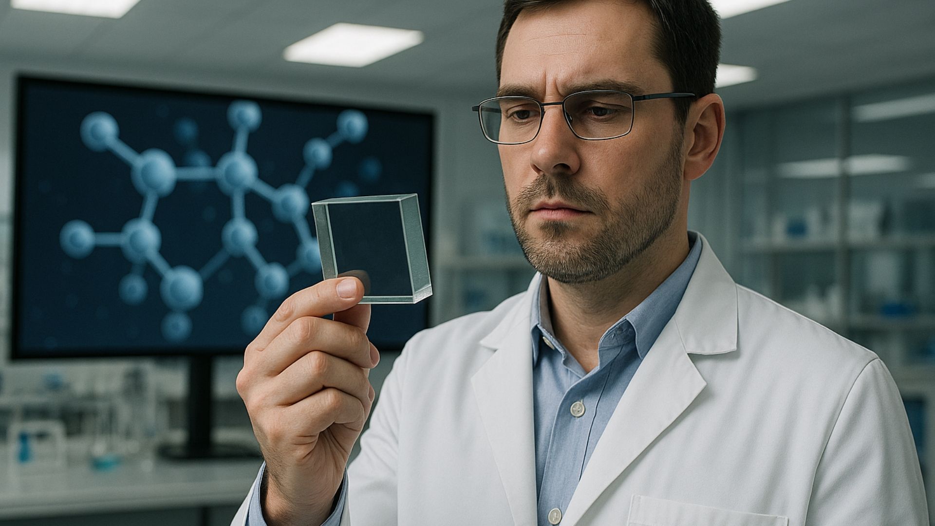 Scientist in lab coat examines a clear square sample. Molecule diagram on the screen behind him.