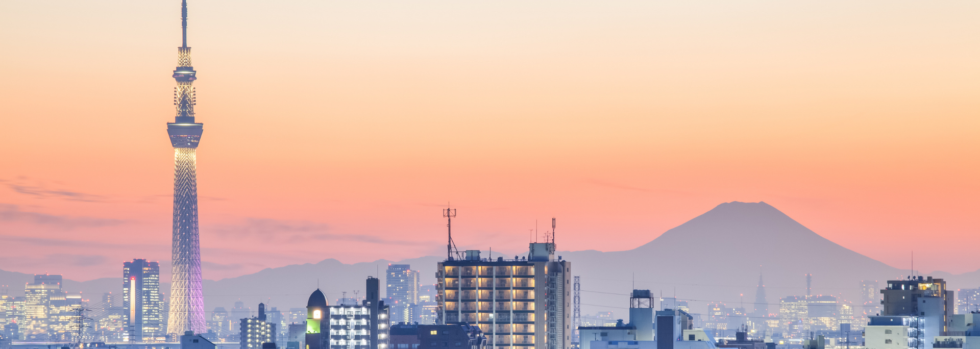 Tokyo skyline at sunset with the Tokyo Skytree and Mount Fuji.
