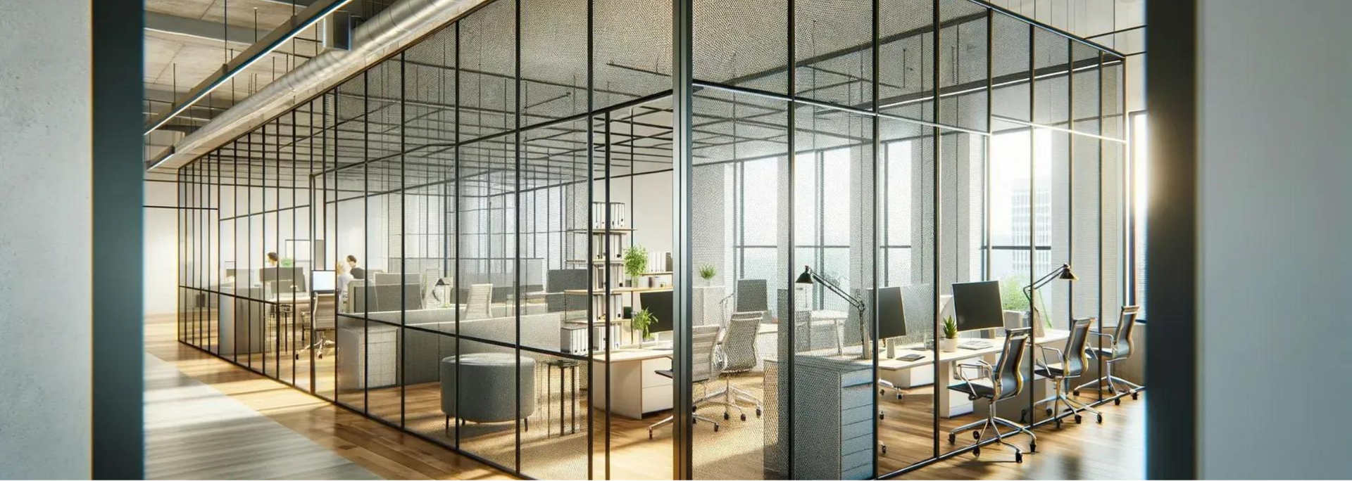 Modern office with glass walls, desks, chairs, and sunlight streaming through windows.