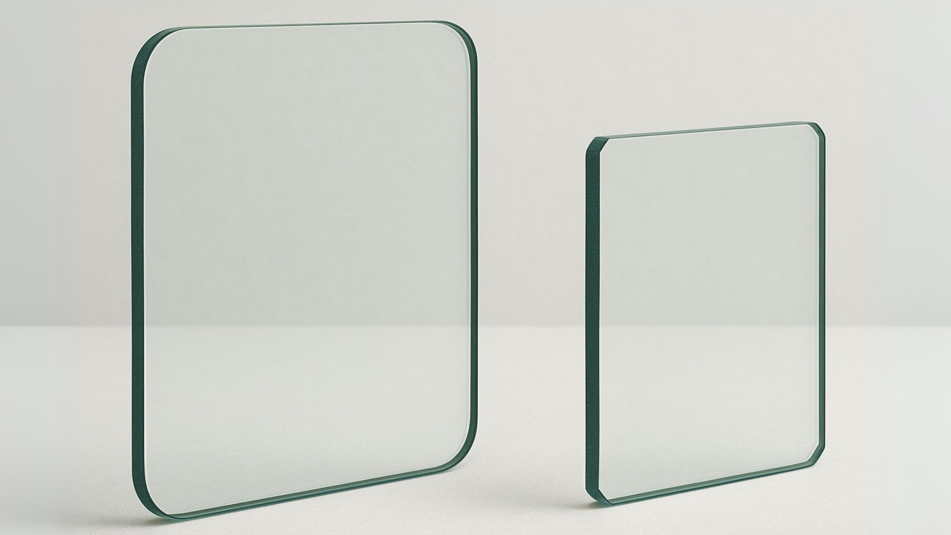 Two clear, square-shaped glass panels with rounded corners, of different sizes, are displayed.