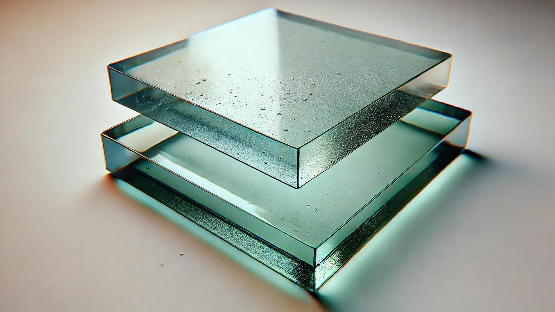 Two transparent, teal-colored square glass panes stacked on a white surface, with a slight greenish hue.