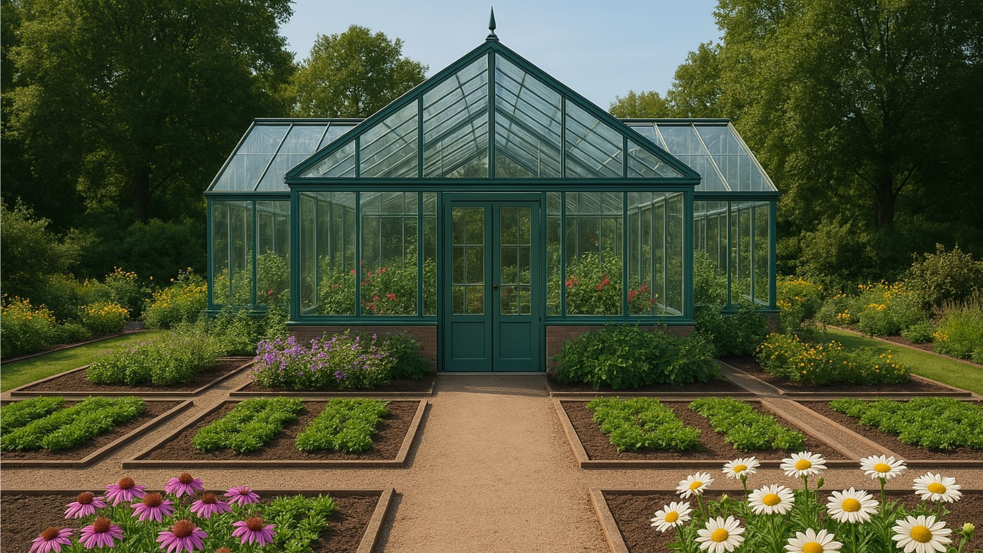 Greenhouse in a garden with planted beds and a central pathway.