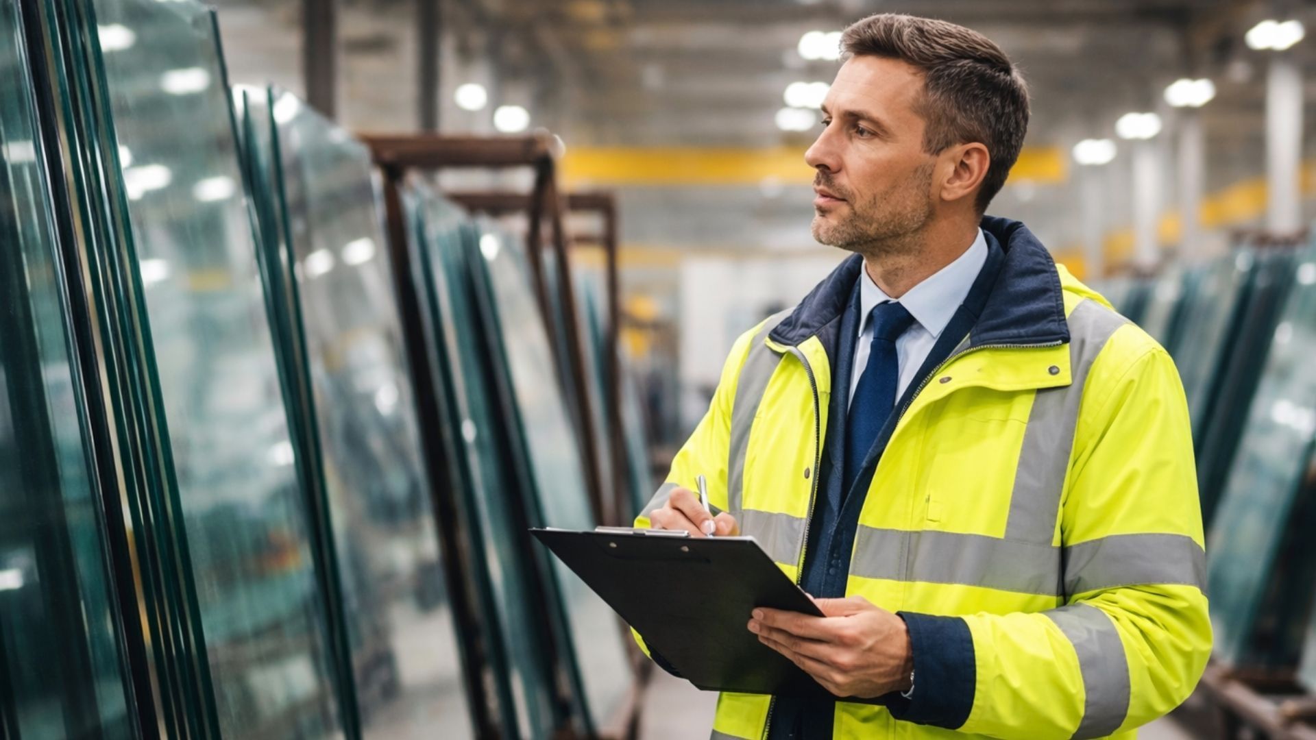 Man in yellow safety vest inspects glass panels in a warehouse, holding a clipboard and pen.