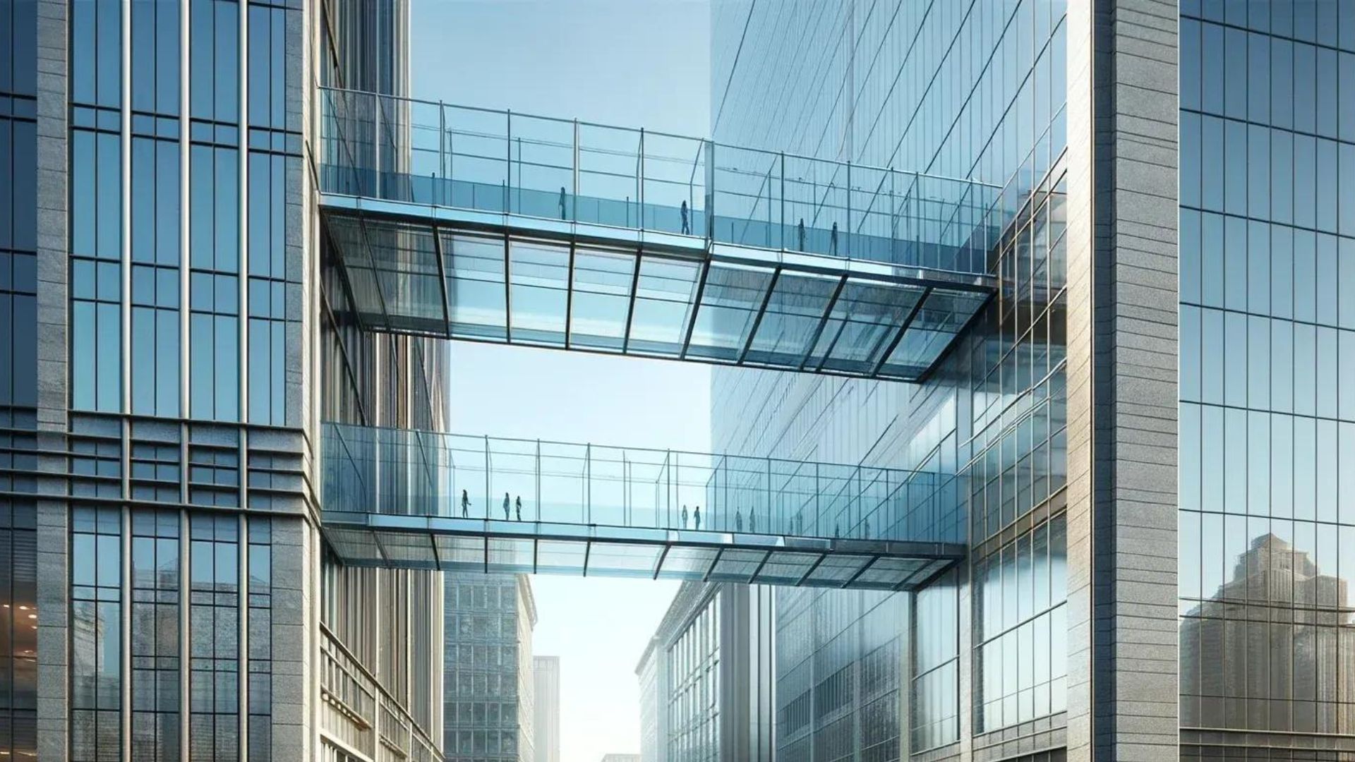 Two glass sky bridges connect tall modern buildings.