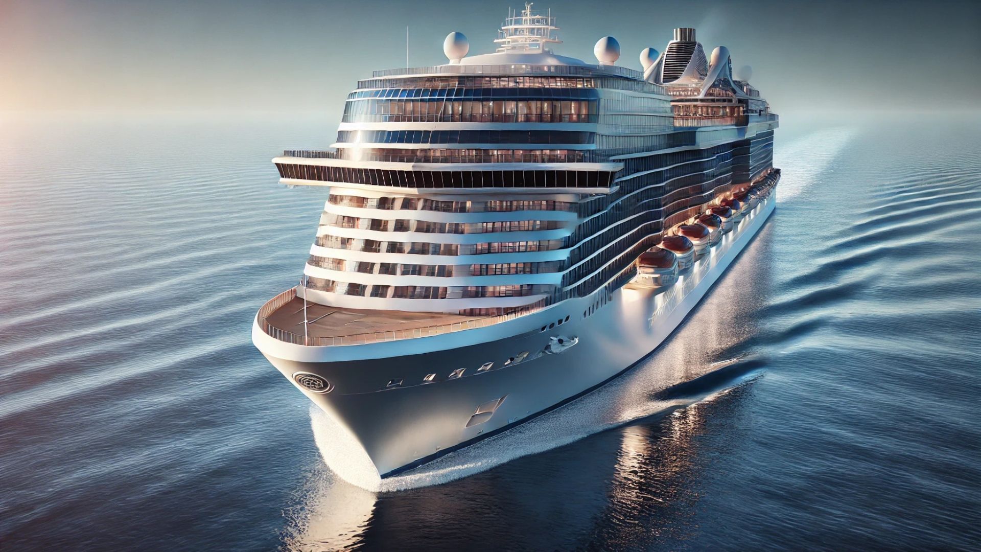 Cruise ship sailing on a calm, blue sea under a bright sky.